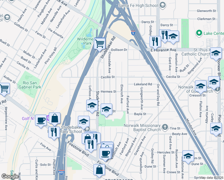 map of restaurants, bars, coffee shops, grocery stores, and more near 11308 Dalwood Avenue in Norwalk
