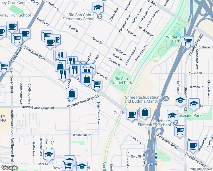 map of restaurants, bars, coffee shops, grocery stores, and more near 11121 Newville Avenue in Downey