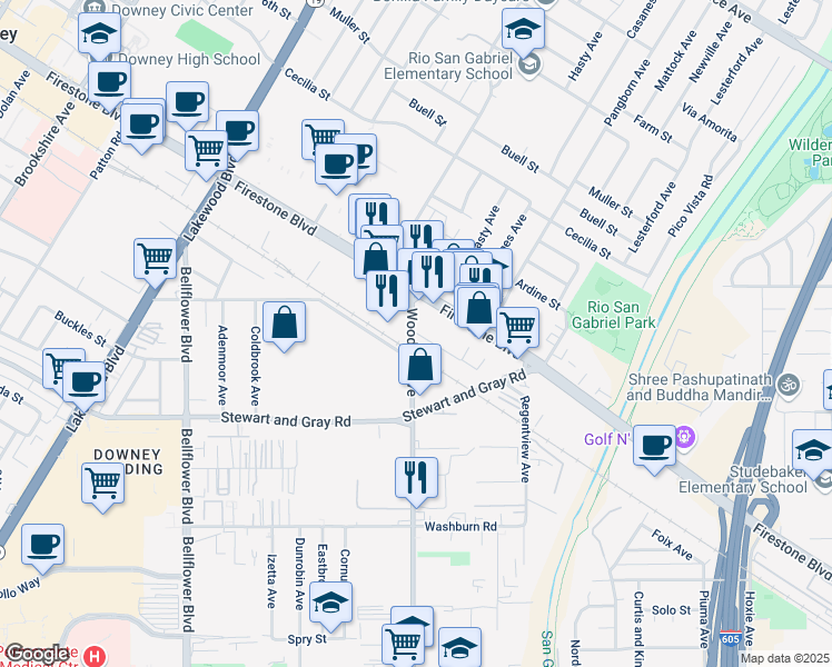 map of restaurants, bars, coffee shops, grocery stores, and more near 9426 Nance Street in Downey