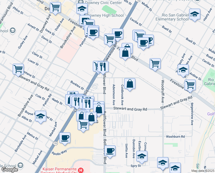 map of restaurants, bars, coffee shops, grocery stores, and more near 11656 Bellflower Boulevard in Downey