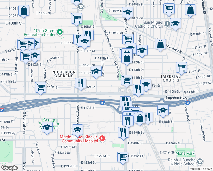 map of restaurants, bars, coffee shops, grocery stores, and more near 1758 East 115th Street in Los Angeles