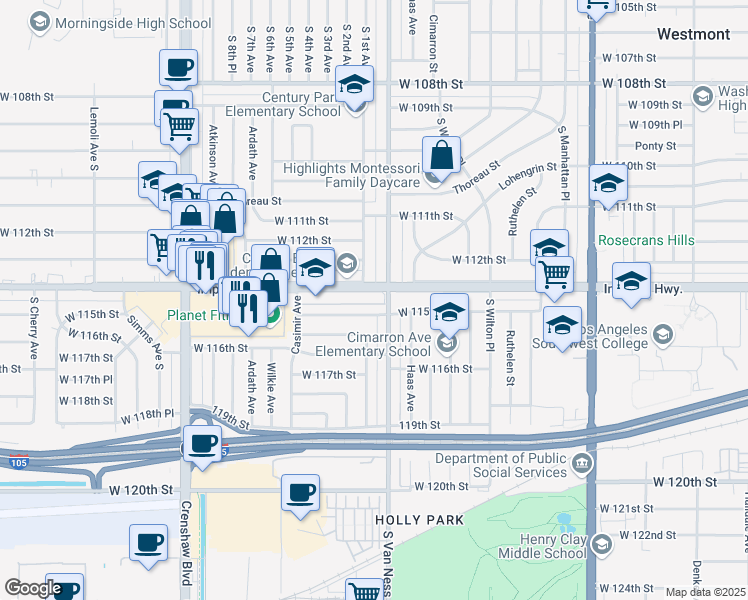 map of restaurants, bars, coffee shops, grocery stores, and more near 2219 West 115th Street in Hawthorne