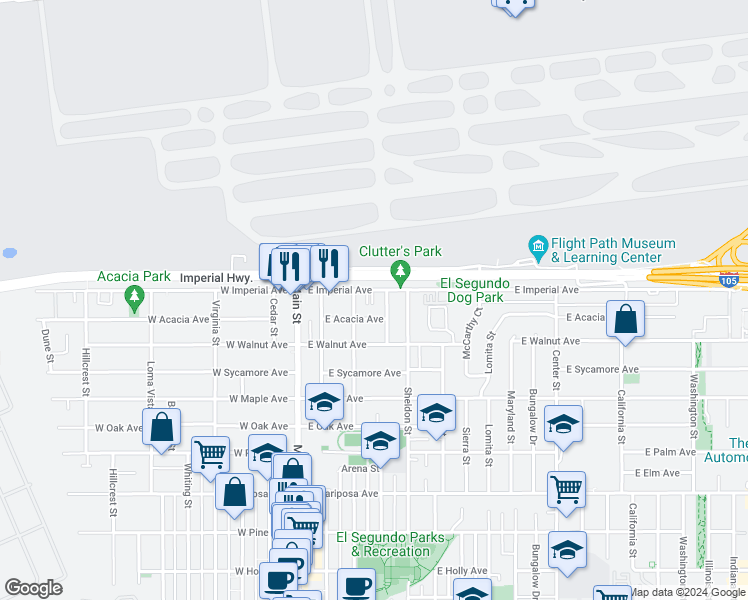 map of restaurants, bars, coffee shops, grocery stores, and more near 315 East Acacia Avenue in El Segundo