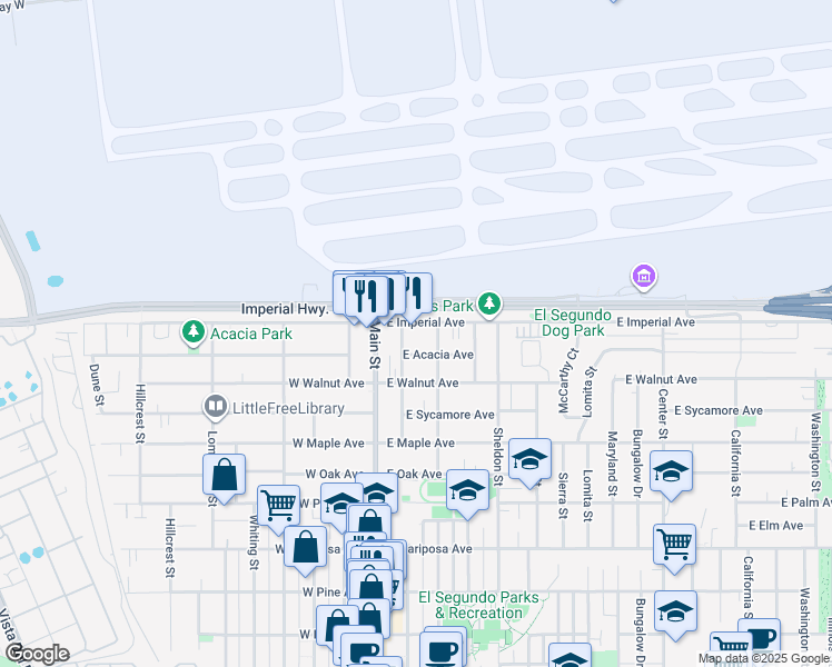 map of restaurants, bars, coffee shops, grocery stores, and more near 209 East Acacia Avenue in El Segundo