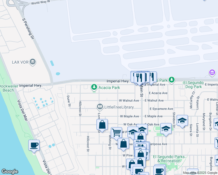 map of restaurants, bars, coffee shops, grocery stores, and more near 431 West Acacia Avenue in El Segundo