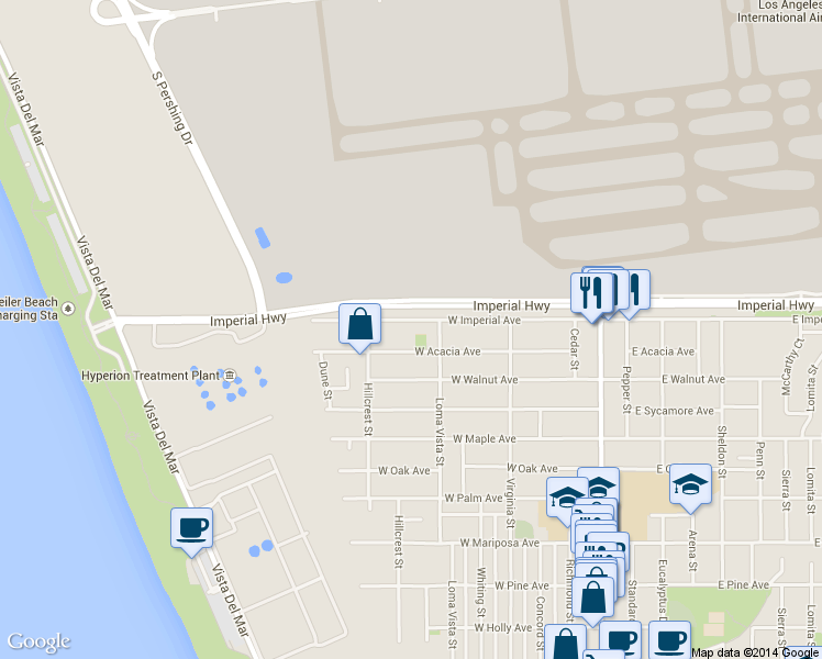 map of restaurants, bars, coffee shops, grocery stores, and more near 635 West Acacia Avenue in El Segundo