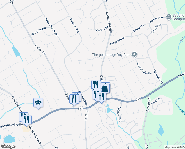 map of restaurants, bars, coffee shops, grocery stores, and more near 2324 Oakland Manor Northwest in Lawrenceville