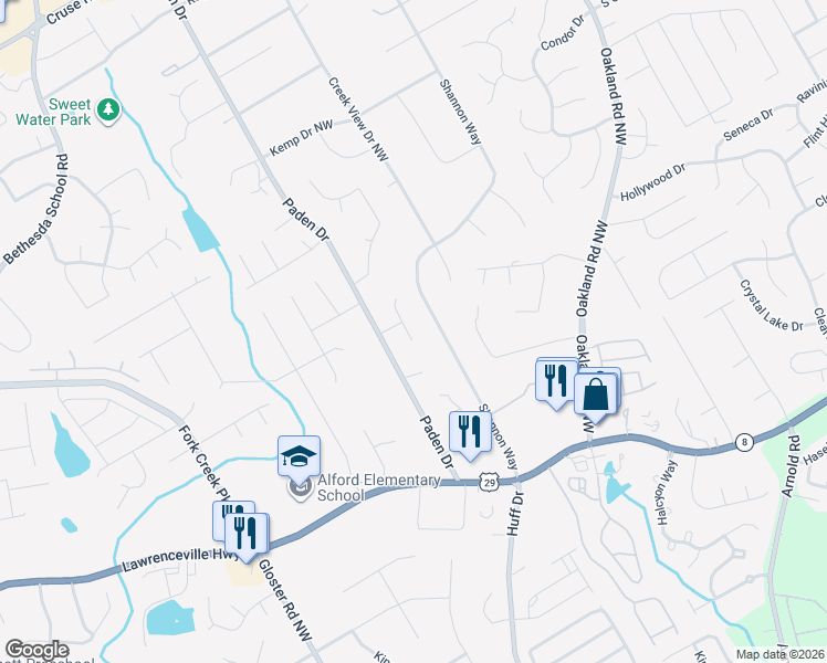 map of restaurants, bars, coffee shops, grocery stores, and more near 405 Padens Valley Court in Lawrenceville