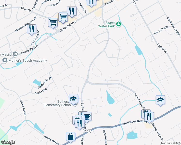 map of restaurants, bars, coffee shops, grocery stores, and more near 405 Highbranch Circle in Lawrenceville