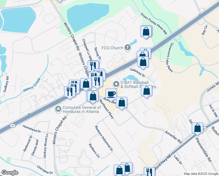 map of restaurants, bars, coffee shops, grocery stores, and more near 7112 Peachtree Industrial Boulevard in Peachtree Corners