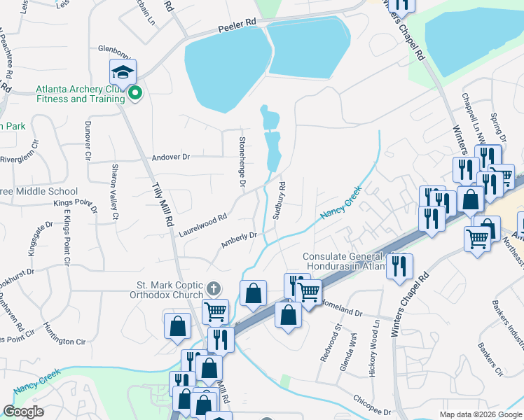 map of restaurants, bars, coffee shops, grocery stores, and more near 4571 Holliston Road in Doraville