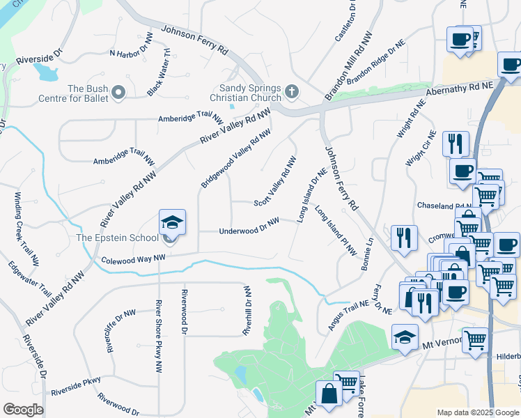 map of restaurants, bars, coffee shops, grocery stores, and more near 6455 Scott Valley Road Northwest in Sandy Springs