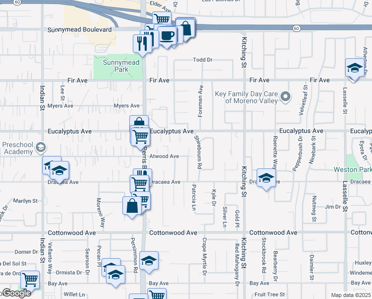 map of restaurants, bars, coffee shops, grocery stores, and more near 13093 Princess Lane in Moreno Valley