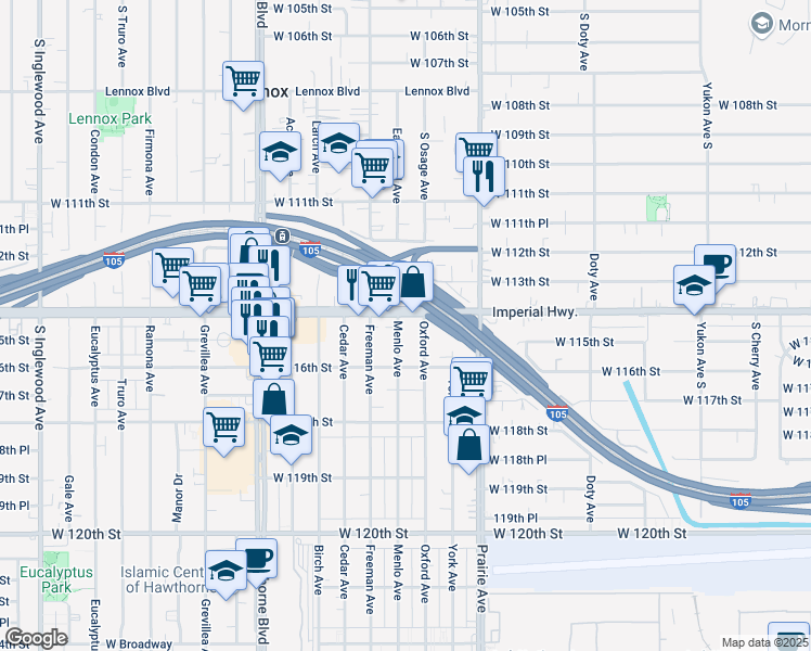 map of restaurants, bars, coffee shops, grocery stores, and more near 11446 Menlo Avenue in Hawthorne