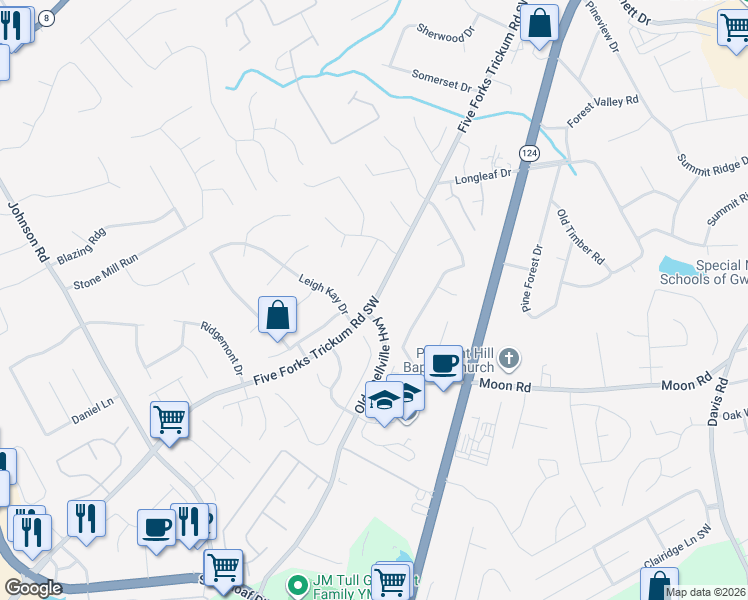 map of restaurants, bars, coffee shops, grocery stores, and more near 882 Five Forks Trickum Road Southwest in Lawrenceville