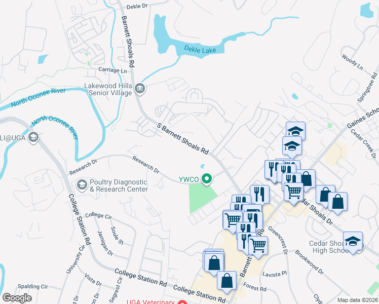 map of restaurants, bars, coffee shops, grocery stores, and more near 1290 Barnett Shoals Road in Athens