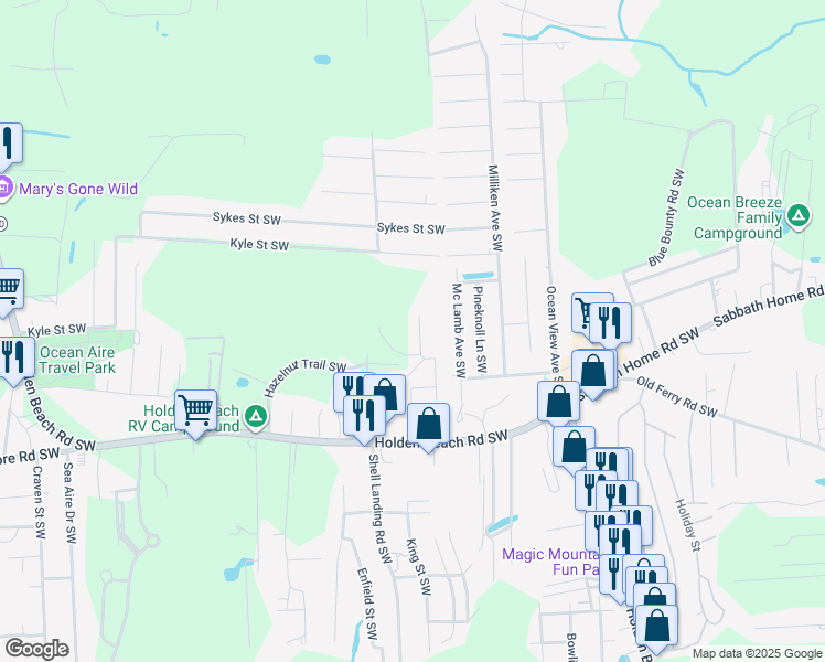 map of restaurants, bars, coffee shops, grocery stores, and more near Foscoe Street Southwest in Brunswick