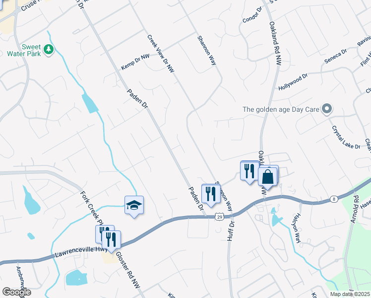 map of restaurants, bars, coffee shops, grocery stores, and more near 405 Padens Valley Court in Lawrenceville