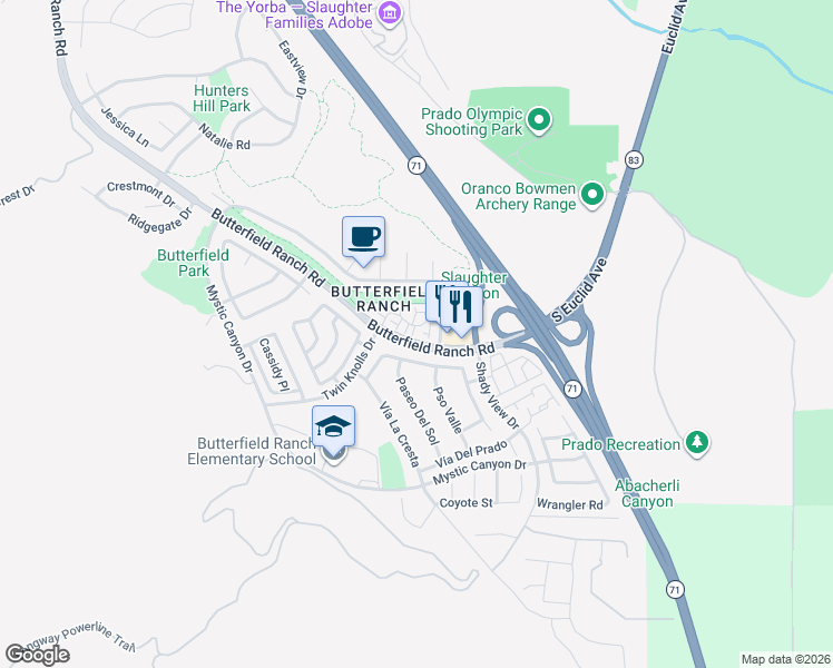 map of restaurants, bars, coffee shops, grocery stores, and more near 6440 Vía Del Rancho in Chino Hills