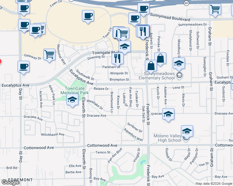 map of restaurants, bars, coffee shops, grocery stores, and more near 13063 Kiowa Drive in Moreno Valley