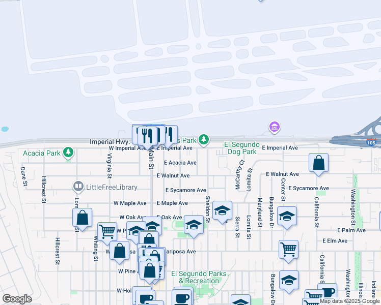 map of restaurants, bars, coffee shops, grocery stores, and more near 328 East Imperial Avenue in El Segundo