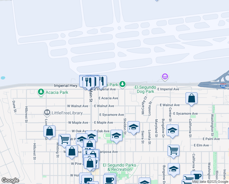 map of restaurants, bars, coffee shops, grocery stores, and more near 315 East Acacia Avenue in El Segundo