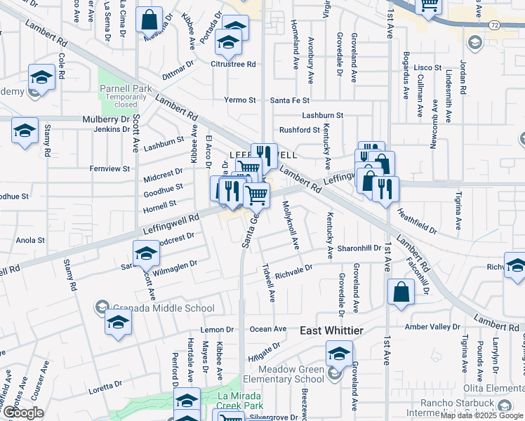 map of restaurants, bars, coffee shops, grocery stores, and more near 11416 Santa Gertrudes Avenue in Whittier