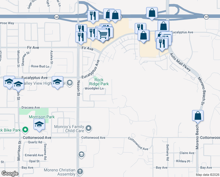 map of restaurants, bars, coffee shops, grocery stores, and more near 13091 Wild Sage Lane in Moreno Valley