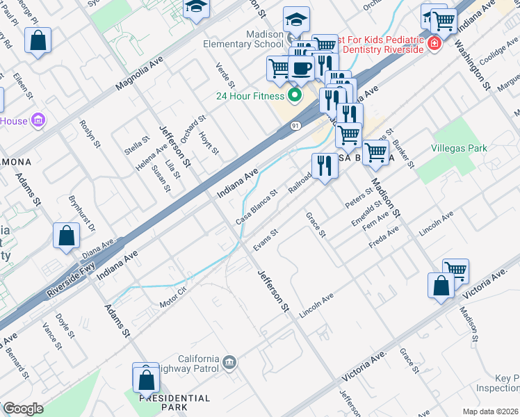 map of restaurants, bars, coffee shops, grocery stores, and more near 7830 Casa Blanca Street in Riverside