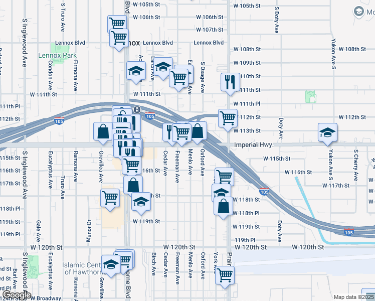 map of restaurants, bars, coffee shops, grocery stores, and more near 11413 Menlo Avenue in Hawthorne