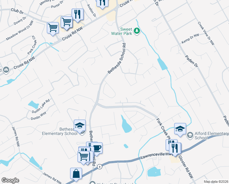 map of restaurants, bars, coffee shops, grocery stores, and more near 665 Highbranch Cir in Lawrenceville