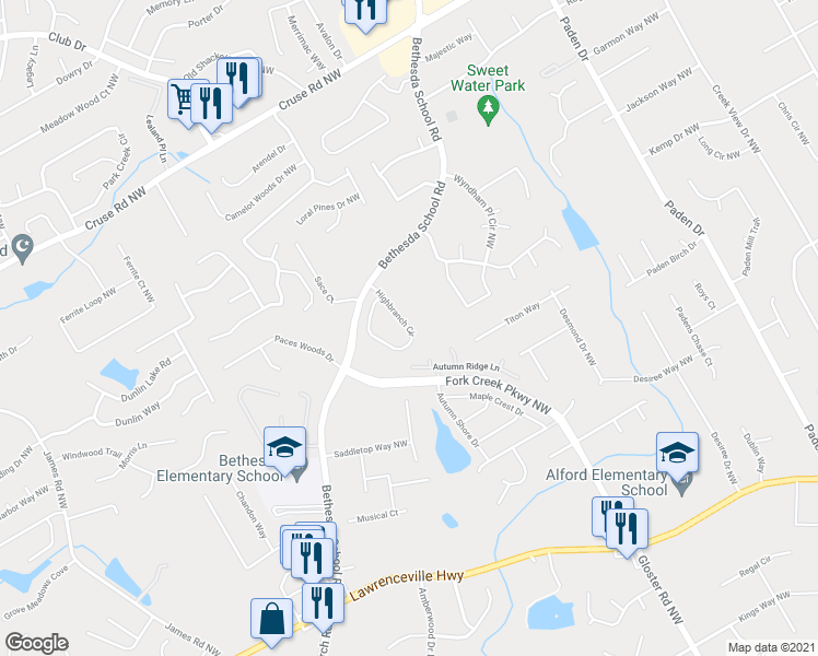 map of restaurants, bars, coffee shops, grocery stores, and more near 405 Highbranch Circle in Lawrenceville