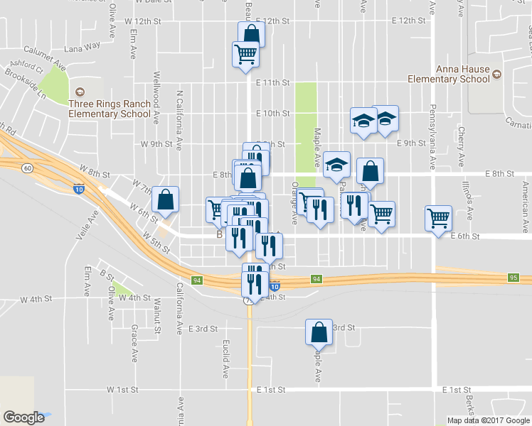 map of restaurants, bars, coffee shops, grocery stores, and more near 677 Magnolia Avenue in Beaumont