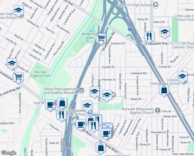 map of restaurants, bars, coffee shops, grocery stores, and more near 11309 Studebaker Road in Norwalk