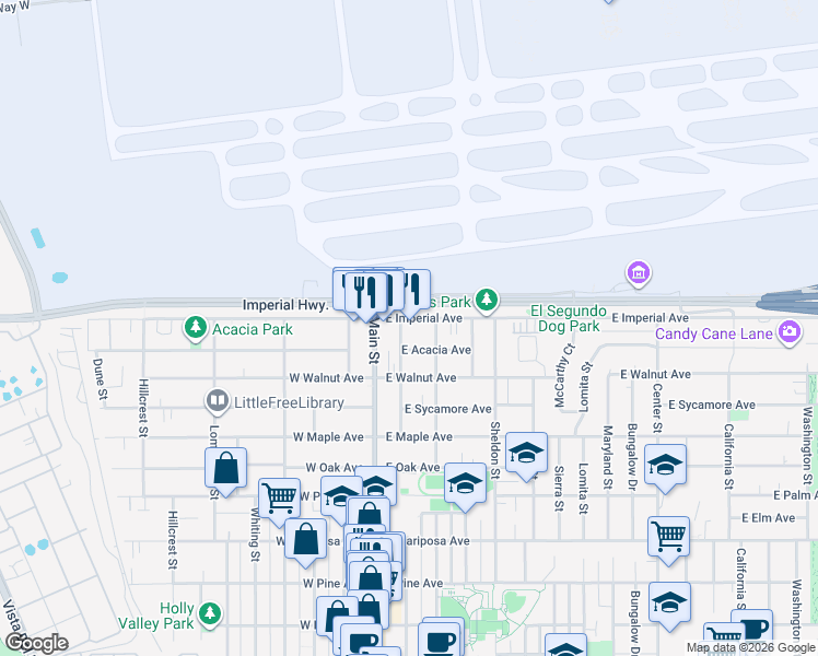 map of restaurants, bars, coffee shops, grocery stores, and more near 209 East Acacia Avenue in El Segundo