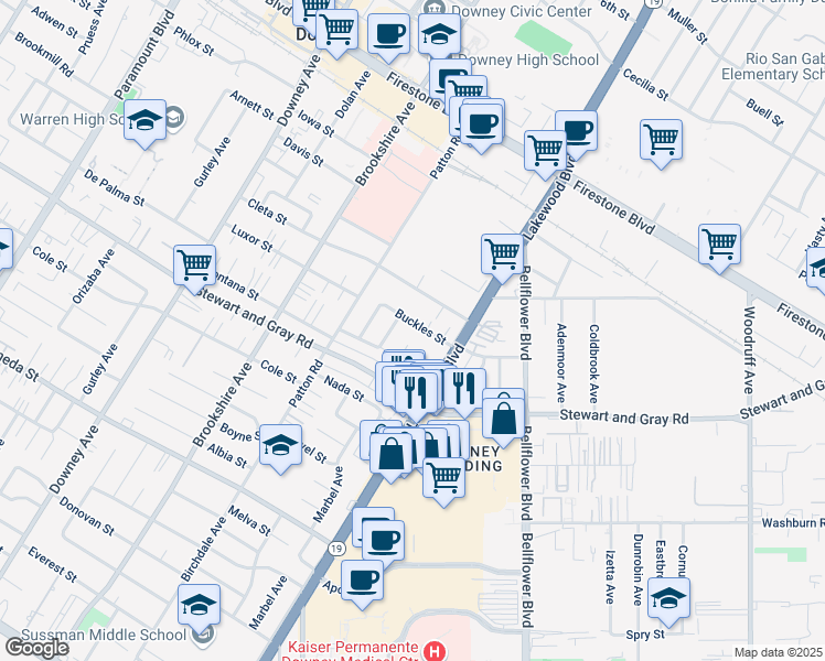 map of restaurants, bars, coffee shops, grocery stores, and more near 8716 Buckles Street in Downey