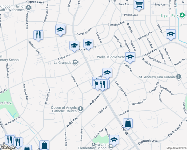 map of restaurants, bars, coffee shops, grocery stores, and more near 5080 Tyler Street in Riverside