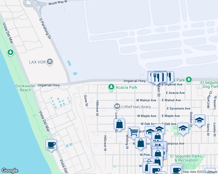 map of restaurants, bars, coffee shops, grocery stores, and more near 628 West Imperial Avenue in El Segundo