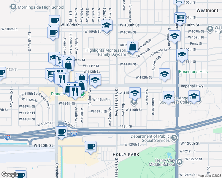 map of restaurants, bars, coffee shops, grocery stores, and more near 2224 West Imperial Highway in Hawthorne