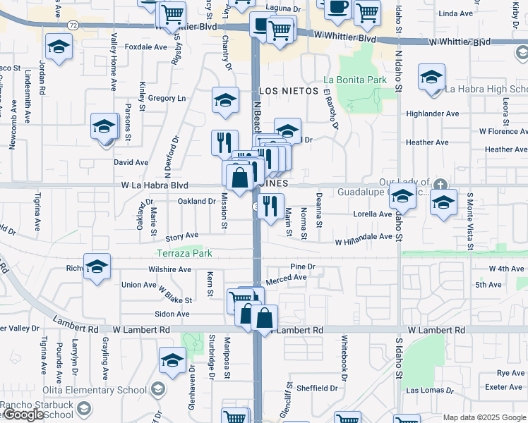 map of restaurants, bars, coffee shops, grocery stores, and more near 300 South Beach Boulevard in La Habra