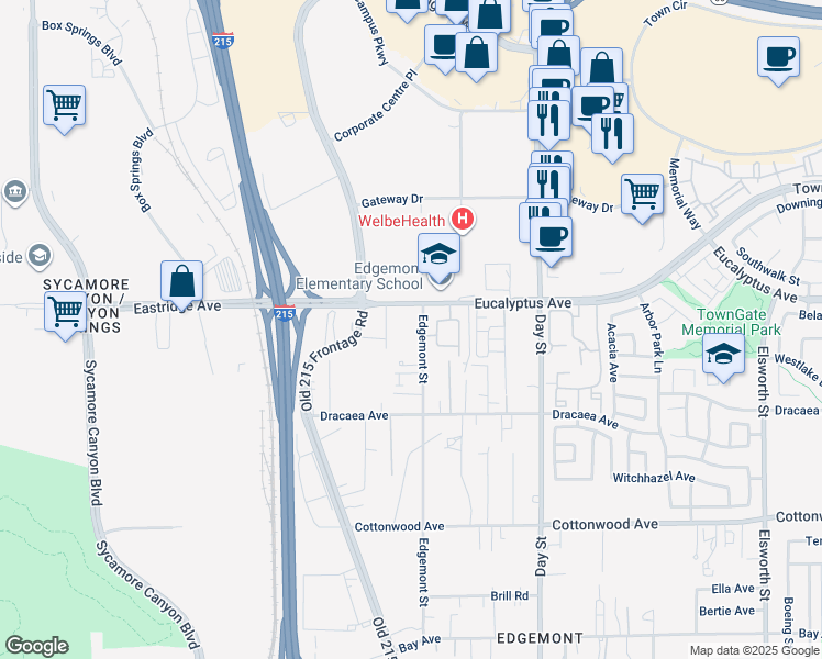 map of restaurants, bars, coffee shops, grocery stores, and more near 21737 Eucalyptus Avenue in Moreno Valley