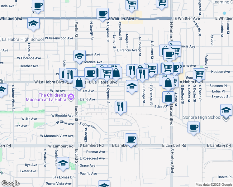 map of restaurants, bars, coffee shops, grocery stores, and more near 500 East 1st Avenue in La Habra