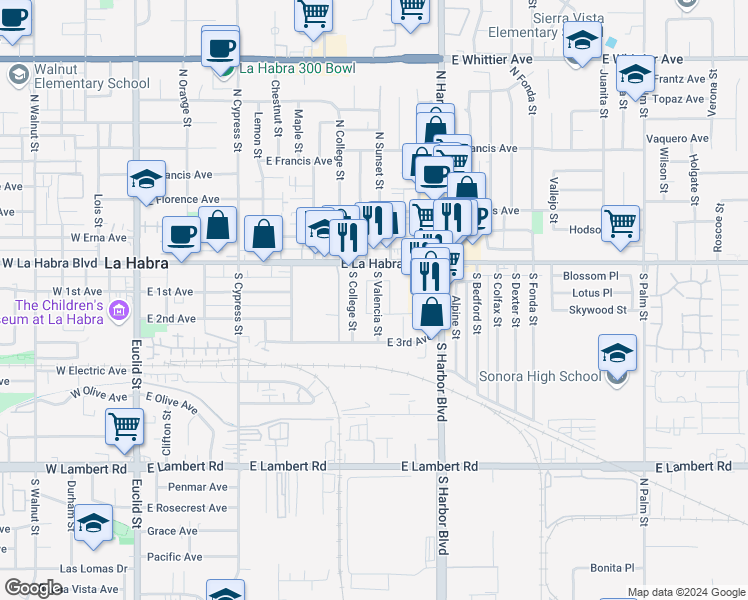 map of restaurants, bars, coffee shops, grocery stores, and more near 211 South Valencia Street in La Habra