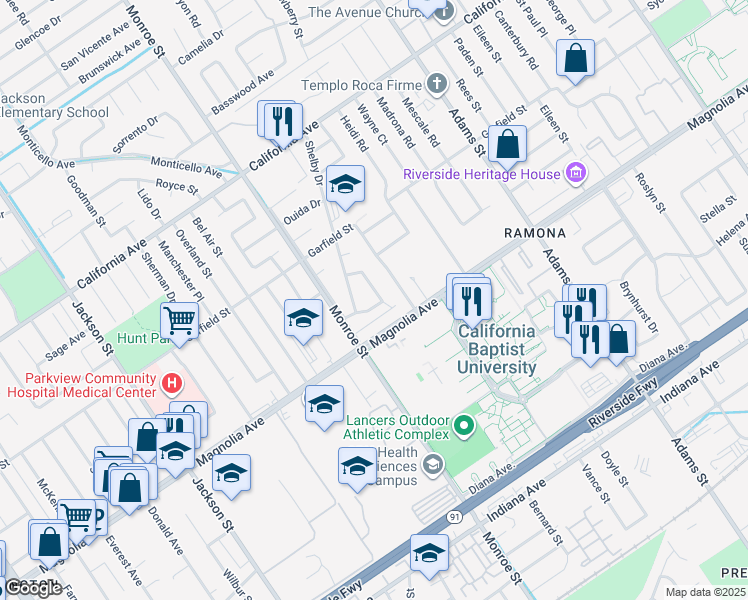 map of restaurants, bars, coffee shops, grocery stores, and more near 8631 Sands Avenue in Riverside