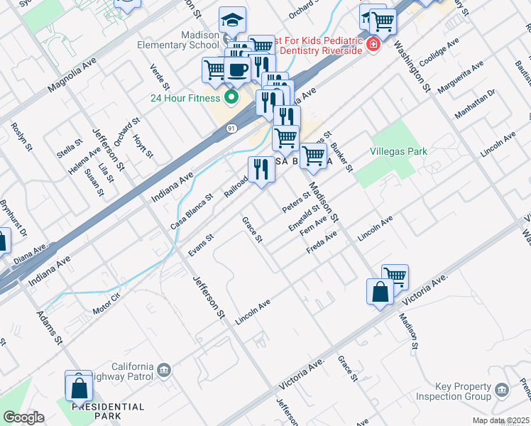 map of restaurants, bars, coffee shops, grocery stores, and more near 7683 Peters Street in Riverside
