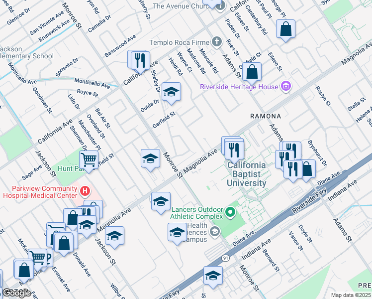 map of restaurants, bars, coffee shops, grocery stores, and more near 8631 Sands Avenue in Riverside