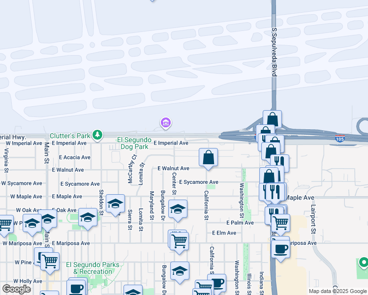 map of restaurants, bars, coffee shops, grocery stores, and more near 1116 East Imperial Avenue in El Segundo