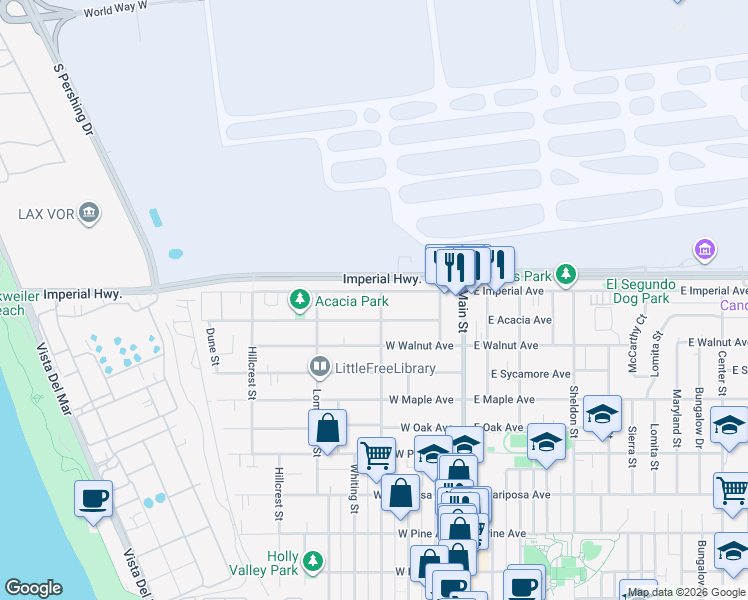 map of restaurants, bars, coffee shops, grocery stores, and more near 431 West Acacia Avenue in El Segundo
