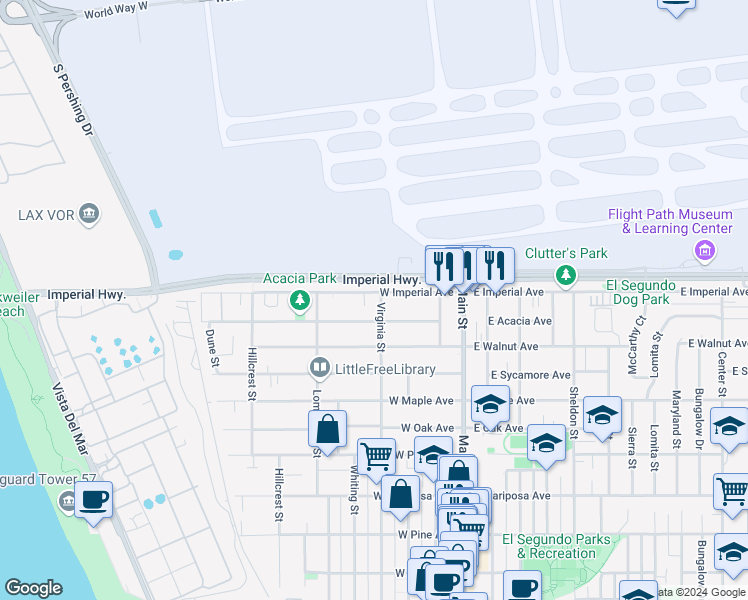 map of restaurants, bars, coffee shops, grocery stores, and more near 955 Virginia Street in El Segundo