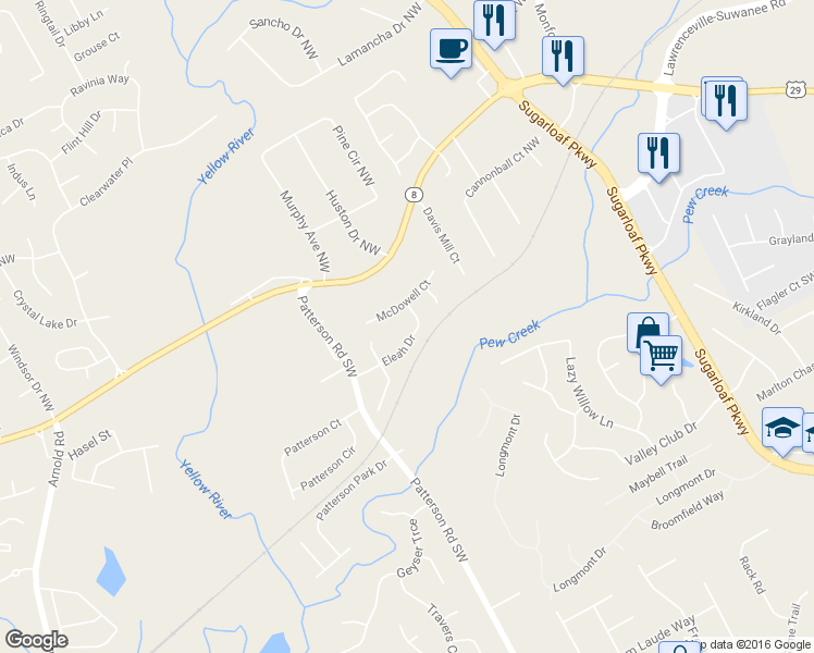 map of restaurants, bars, coffee shops, grocery stores, and more near 1701 Eleah Drive in Lawrenceville